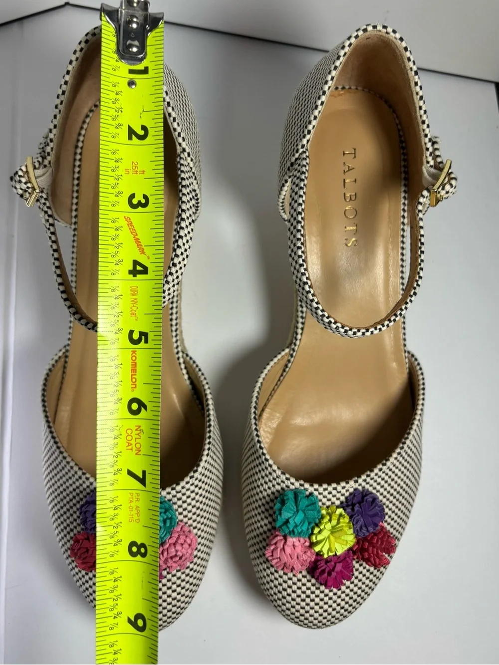 Talbots Black White Espadrille Wedge Shoes Colorful Pom Pom Ankle Strap 9